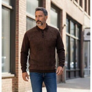 Mondo di Marco Suede Front Knit Sweater Brown Mens XXL Three Button Collared